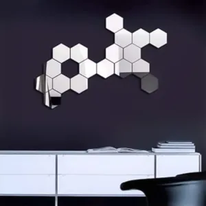 DecorWear 18 Hexagon Mirror Silver Plastic Wall Stickers for Wall Size (10.5x12.1) Cm Acrylic Mirror Wall Decor Sticker, Wall Mirror Stickers, 3D Hexagonal Mirror Wall Sticker (E-18HexaSilver)