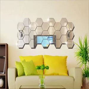 DecorWear 27 Hexagon Mirror Silver Plastic Wall Stickers for Wall Size (10.5x12.1) Cm Acrylic Mirror Wall Decor Sticker, Wall Mirror Stickers, 3D Hexagonal Mirror Wall Sticker (A-27HexaSilver)