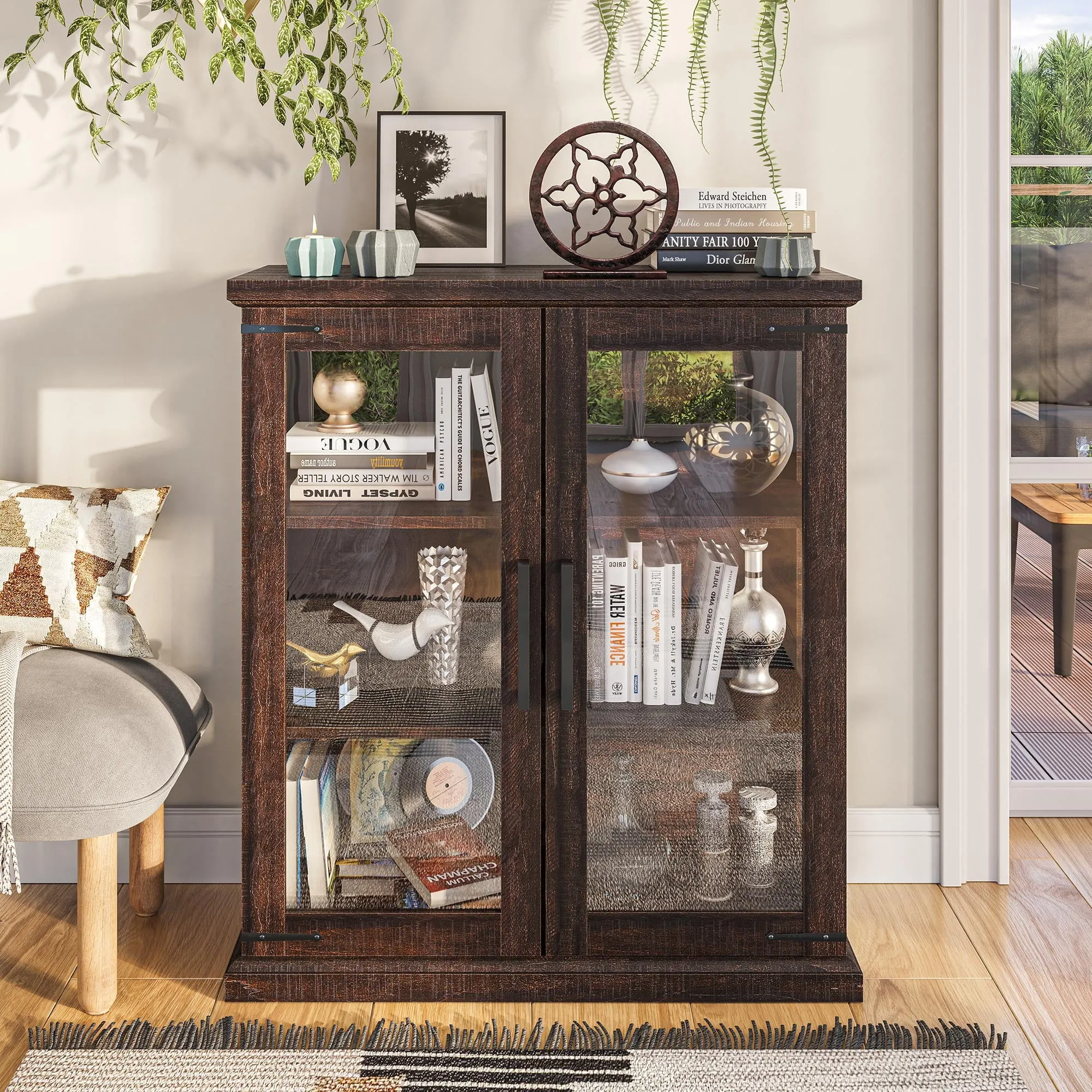 essential Storage Cabinet, Tall Bookshelf or Display Cabinet For Living Room Bedroom, Curio Cabinet with Tempered Glass Doors, Trophy Display Case, Storage/Organization - Avalon (Dark Walnut)