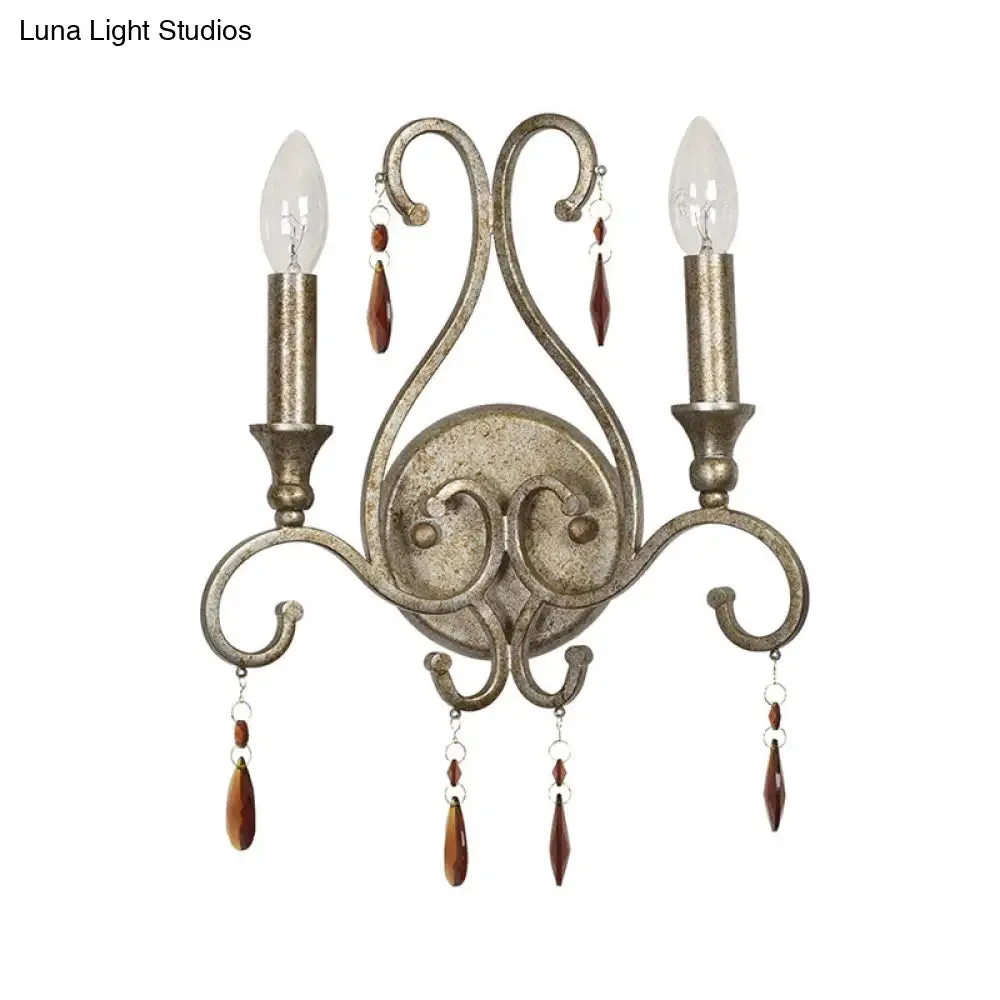 French Country Iron Candle Wall Sconce with Crystal Deco - Aged Silver 2-Light Fixture