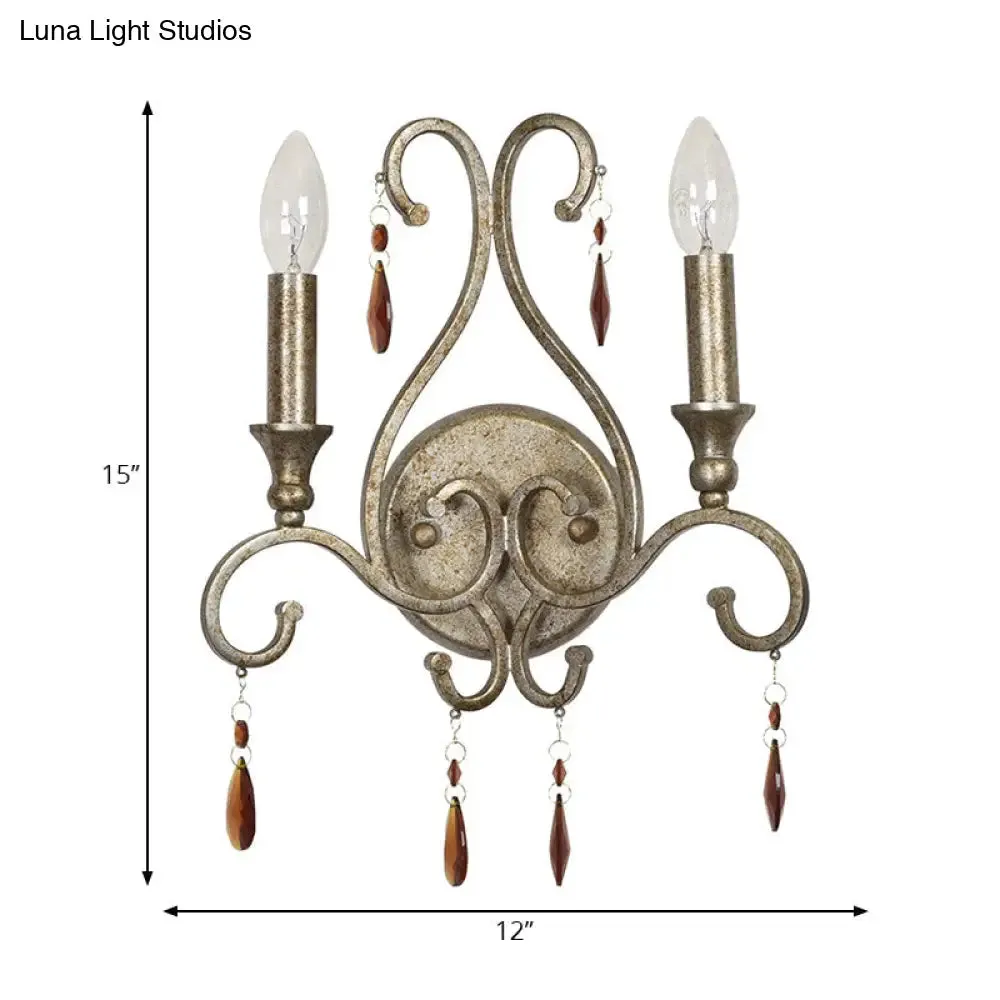 French Country Iron Candle Wall Sconce with Crystal Deco - Aged Silver 2-Light Fixture