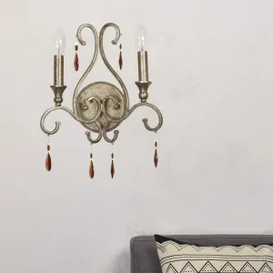 French Country Iron Candle Wall Sconce with Crystal Deco - Aged Silver 2-Light Fixture