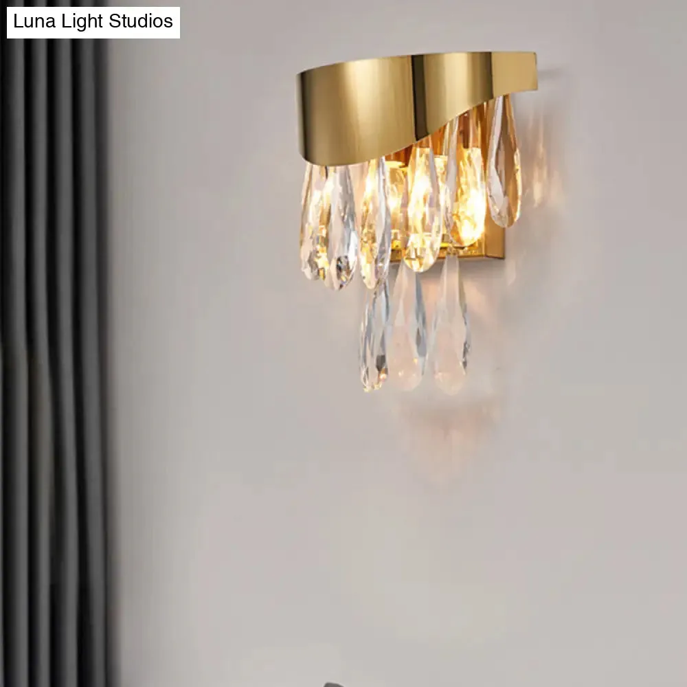 Gold Teardrop Crystal Drip Wall Sconce - Contemporary Indoor Lighting - 2 Bulb Surface Mount