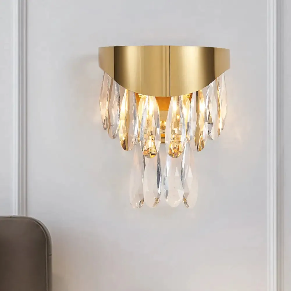 Gold Teardrop Crystal Drip Wall Sconce - Contemporary Indoor Lighting - 2 Bulb Surface Mount