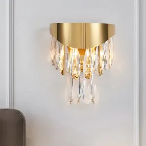 Gold Teardrop Crystal Drip Wall Sconce - Contemporary Indoor Lighting - 2 Bulb Surface Mount