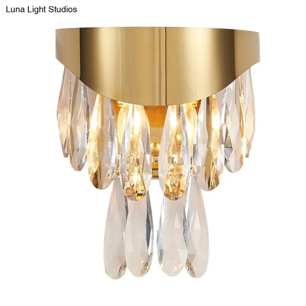 Gold Teardrop Crystal Drip Wall Sconce - Contemporary Indoor Lighting - 2 Bulb Surface Mount