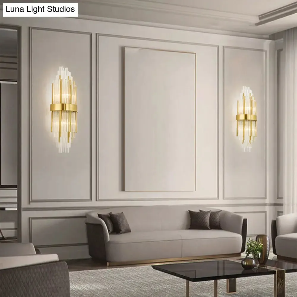 Golden Crystal Layered Sconce Light for Living Room - Modern Wall Mounted Lamp (2 Lights)