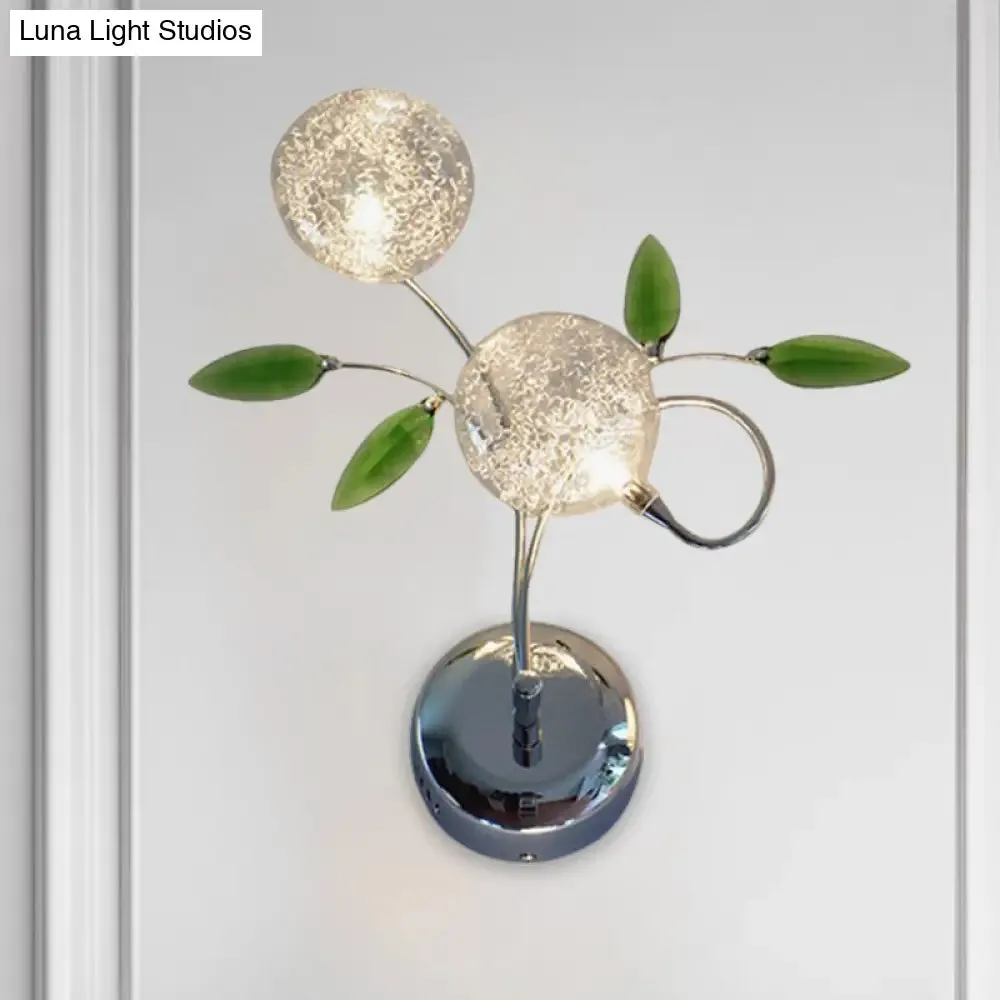 Green Crystal Leaf Wall Mount Lamp with Class Glass Shade - Bedside Wall Lighting Solution in Chrome