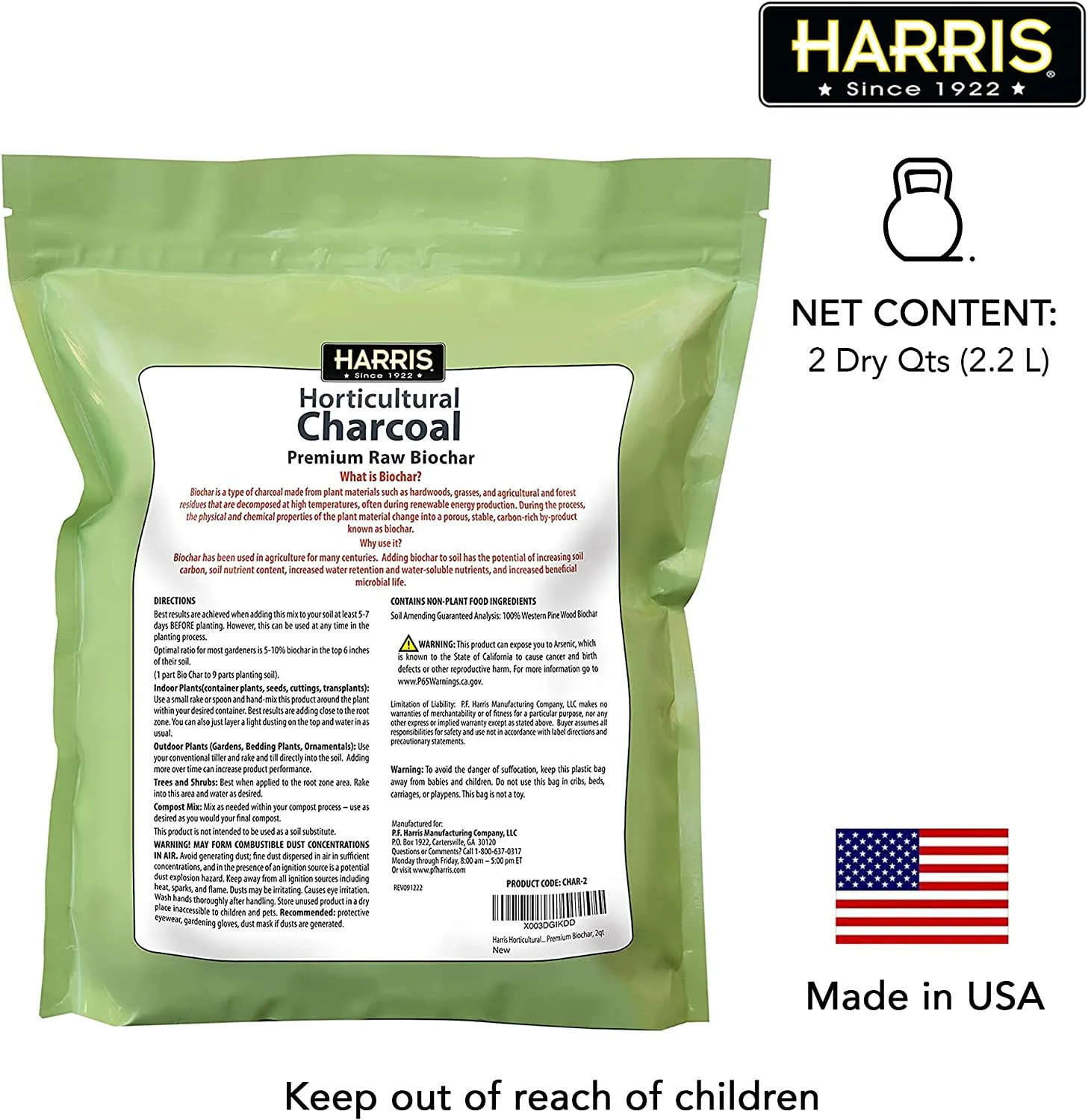 Harris Horticultural Charcoal, Premium Biochar Soil Amendment for Plants and Terrariums, 2qt