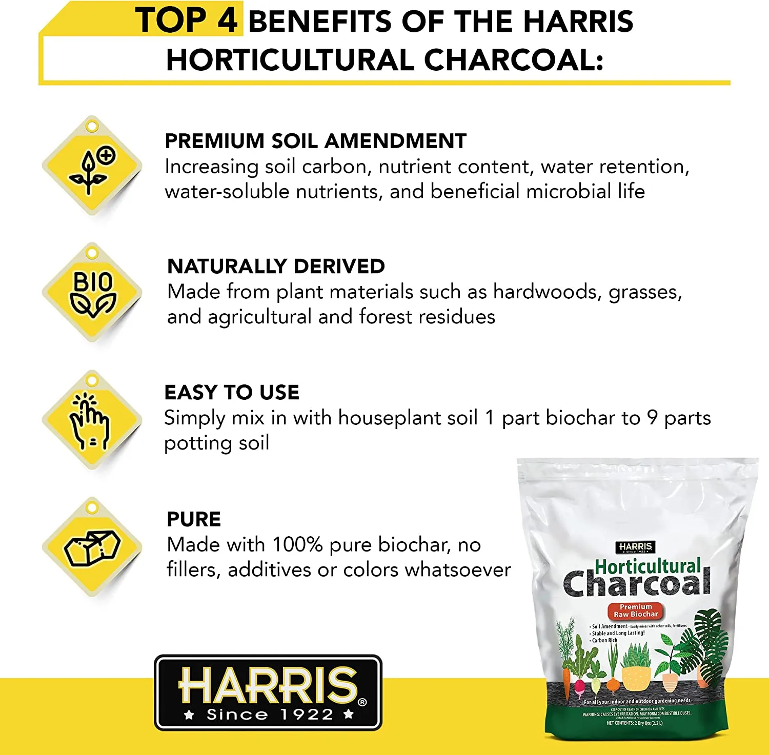 Harris Horticultural Charcoal, Premium Biochar Soil Amendment for Plants and Terrariums, 2qt