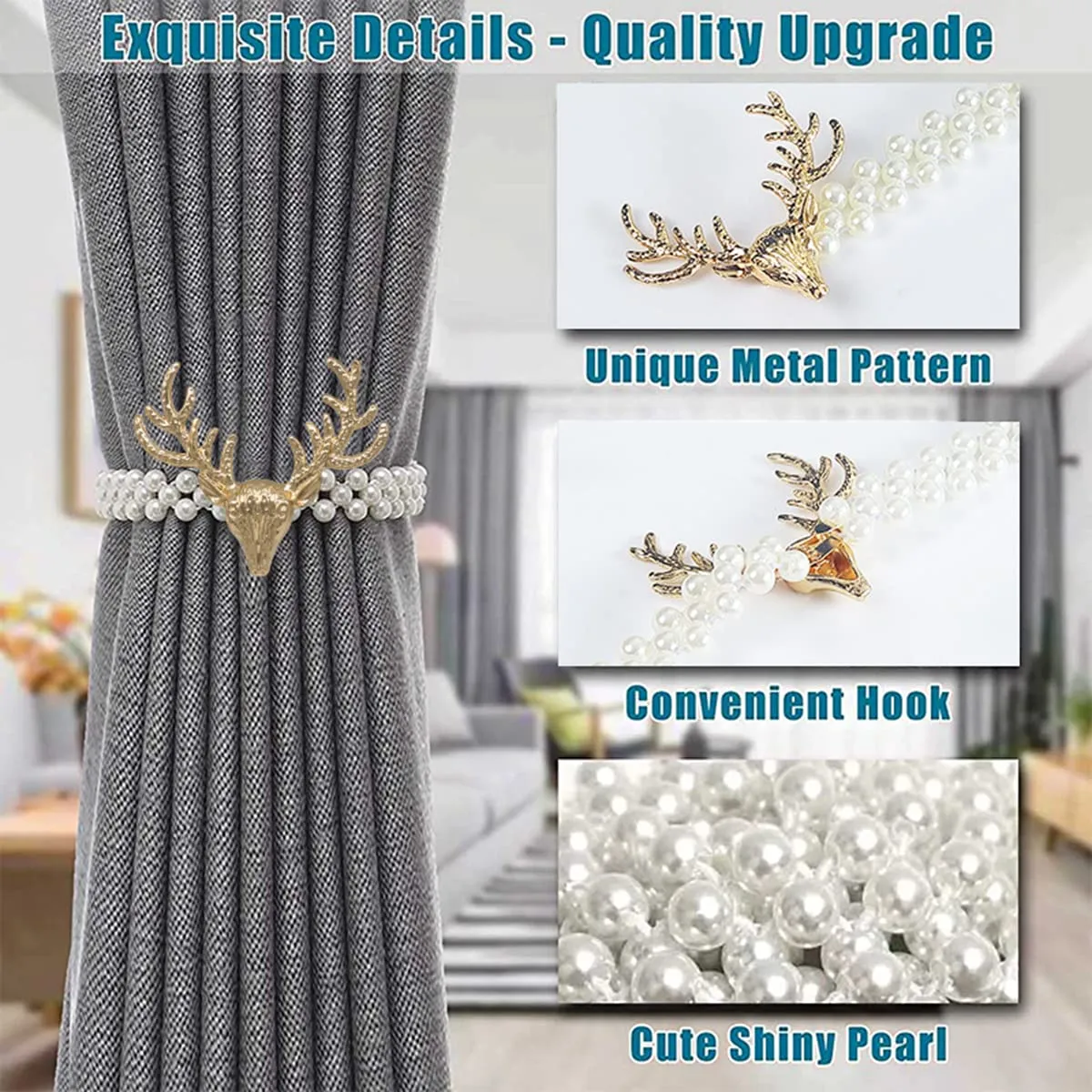 HASTHIP® 2pcs Curtain Holders Tieback Metal TieBacks with Classy Small Pearl Elastic Rope Curtains Tie Backs for Home Office Hotel Window Drape Decor (Gold)