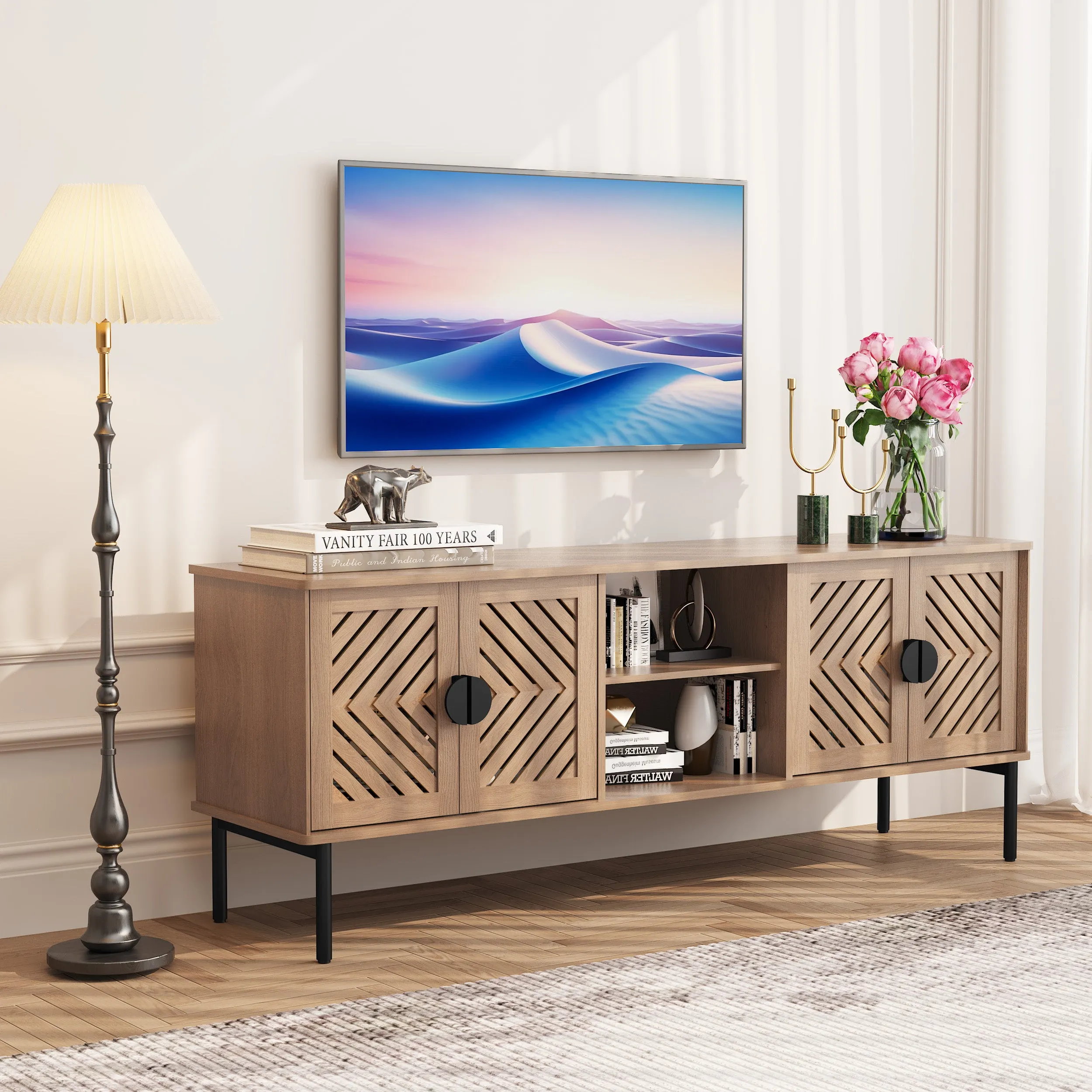 HLR Modern Wood TV Stand with 2-Tier Shelves & Storage Stylish Centerpiece for Living Room