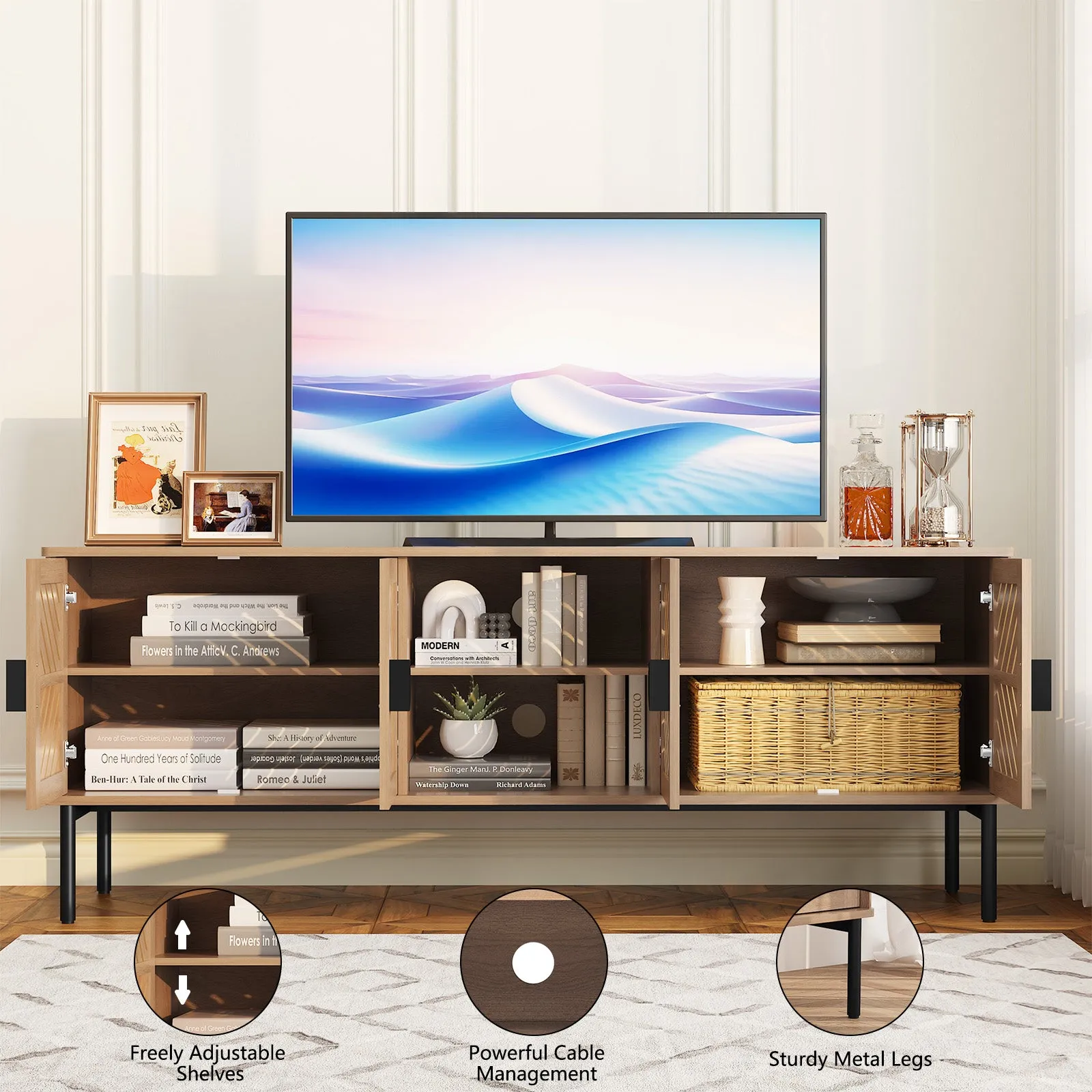 HLR Modern Wood TV Stand with 2-Tier Shelves & Storage Stylish Centerpiece for Living Room