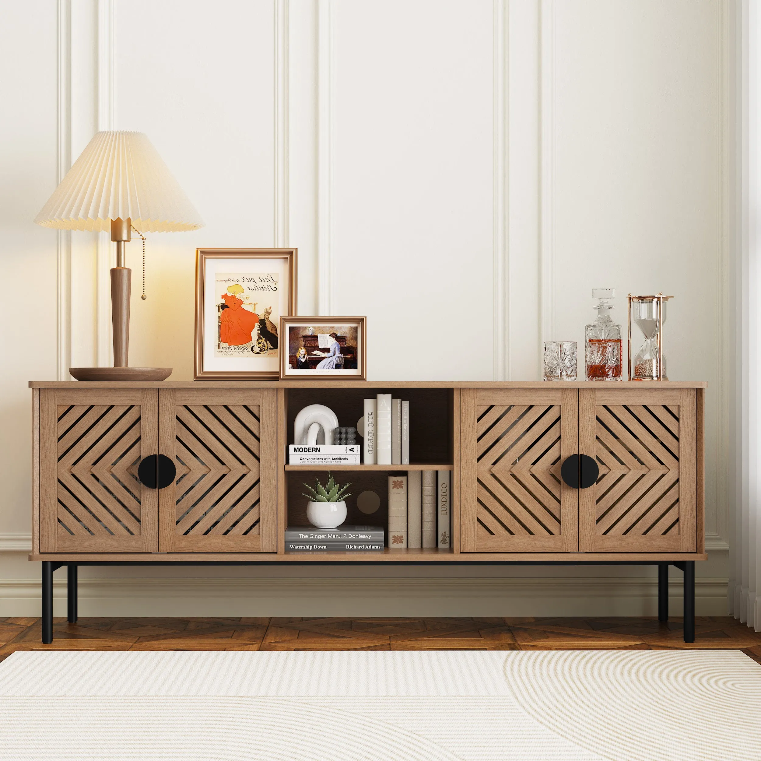 HLR Modern Wood TV Stand with 2-Tier Shelves & Storage Stylish Centerpiece for Living Room