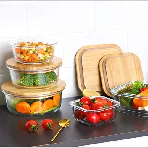 HOMIES, Set of 3, Round Glass Food Storage Containers/lunch box with Bamboo Lids, Size: S: 400ml, M: 650 ml and L: 950 ml