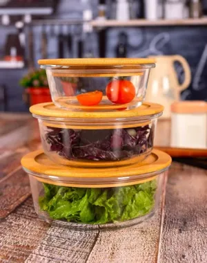 HOMIES, Set of 3, Round Glass Food Storage Containers/lunch box with Bamboo Lids, Size: S: 400ml, M: 650 ml and L: 950 ml