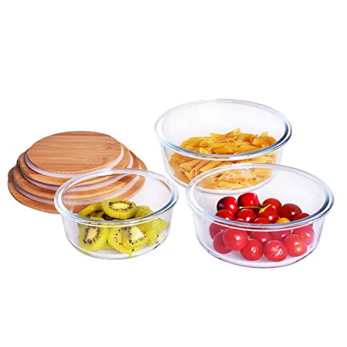 HOMIES, Set of 3, Round Glass Food Storage Containers/lunch box with Bamboo Lids, Size: S: 400ml, M: 650 ml and L: 950 ml