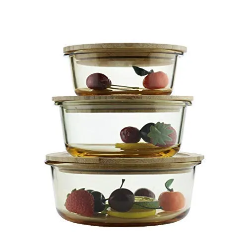 HOMIES, Set of 3, Round Glass Food Storage Containers/lunch box with Bamboo Lids, Size: S: 400ml, M: 650 ml and L: 950 ml