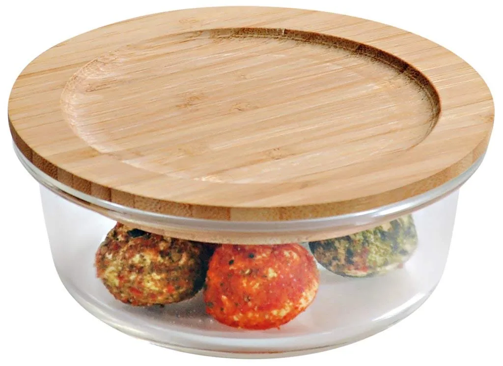 HOMIES, Set of 3, Round Glass Food Storage Containers/lunch box with Bamboo Lids, Size: S: 400ml, M: 650 ml and L: 950 ml