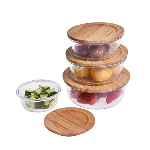 HOMIES, Set of 3, Round Glass Food Storage Containers/lunch box with Bamboo Lids, Size: S: 400ml, M: 650 ml and L: 950 ml