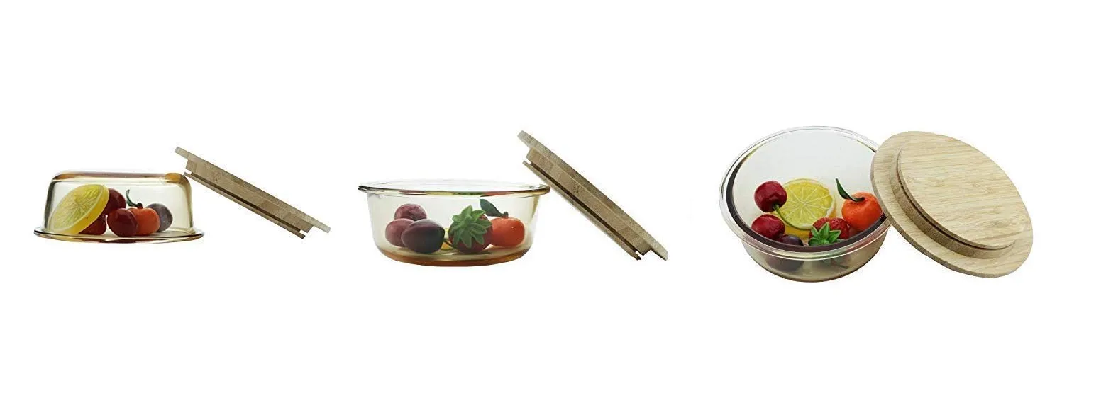 HOMIES, Set of 3, Round Glass Food Storage Containers/lunch box with Bamboo Lids, Size: S: 400ml, M: 650 ml and L: 950 ml