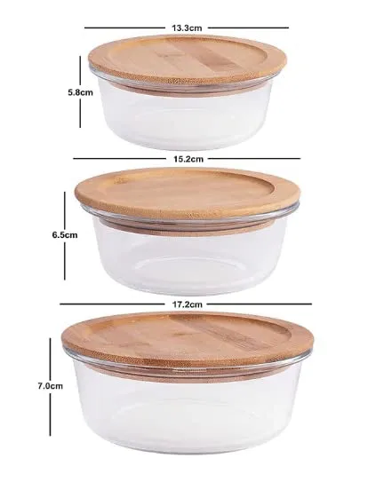 HOMIES, Set of 3, Round Glass Food Storage Containers/lunch box with Bamboo Lids, Size: S: 400ml, M: 650 ml and L: 950 ml