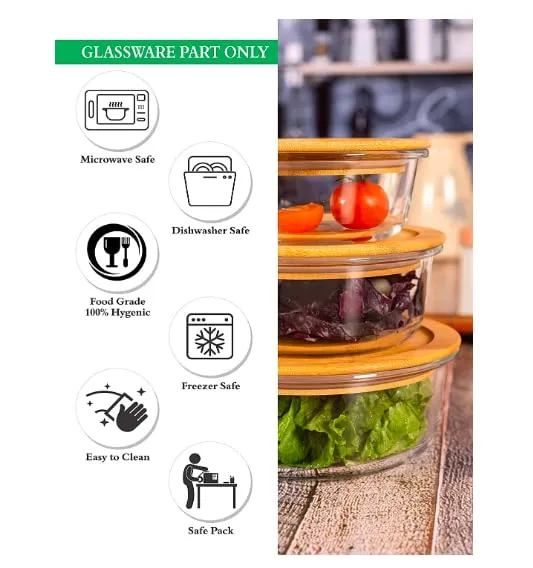 HOMIES, Set of 3, Round Glass Food Storage Containers/lunch box with Bamboo Lids, Size: S: 400ml, M: 650 ml and L: 950 ml