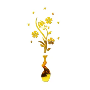 Incrizma Removable Mirror Sticker 3D Acrylic Wall Sticker Flower and Vase Eco-Friendly Wall Decals (Gold, H- 80 cm)