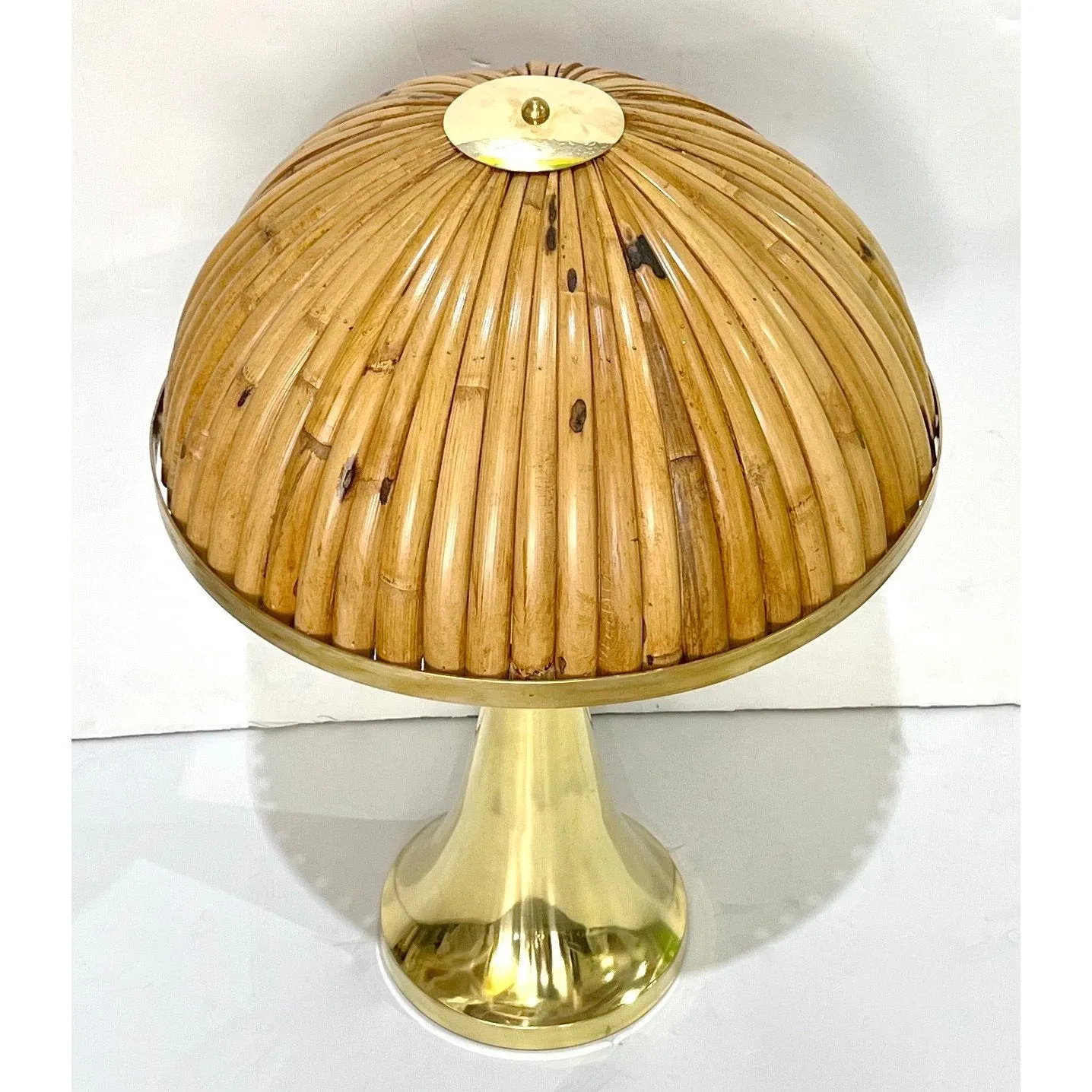 Italian Organic Modern Contemporary Pair Tall Brass & Rattan Sleek Table Lamps