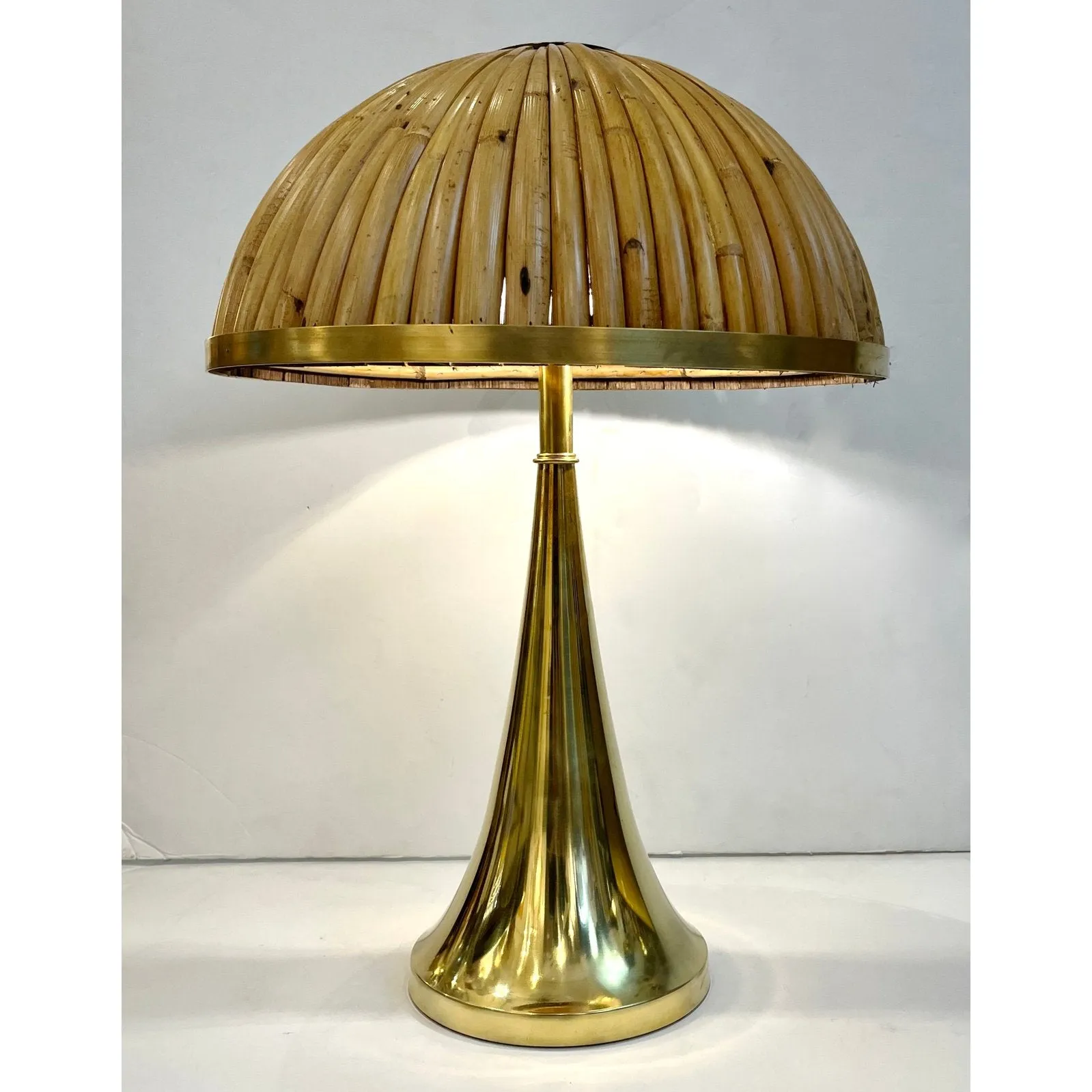 Italian Organic Modern Contemporary Pair Tall Brass & Rattan Sleek Table Lamps