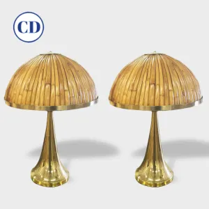 Italian Organic Modern Contemporary Pair Tall Brass & Rattan Sleek Table Lamps