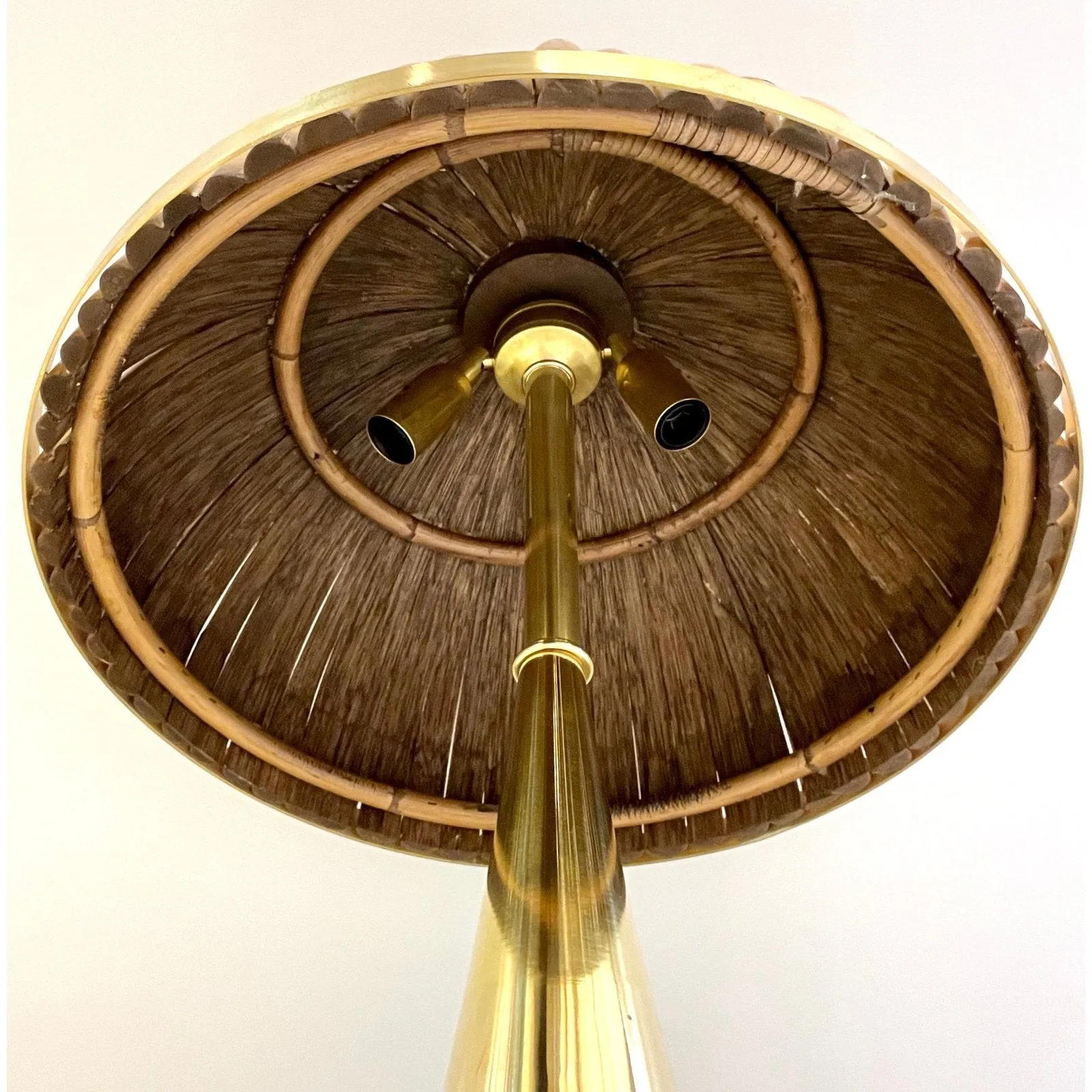 Italian Organic Modern Contemporary Pair Tall Brass & Rattan Sleek Table Lamps