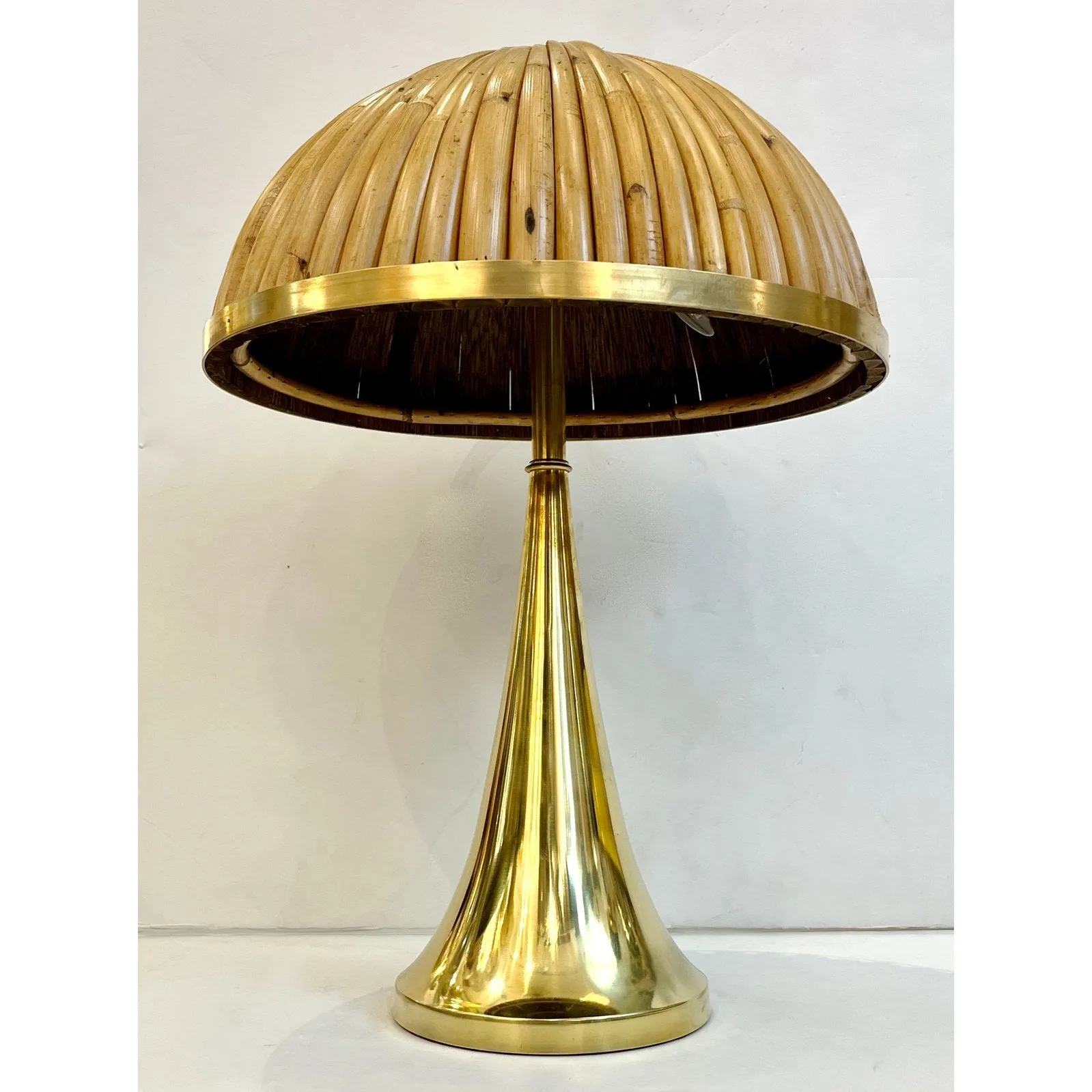 Italian Organic Modern Contemporary Pair Tall Brass & Rattan Sleek Table Lamps