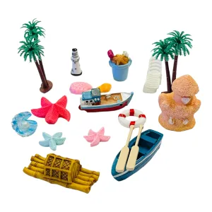 Krisah 18 pcs Resin Beach Theme Miniature Decor Items X Small for Fairy Gardens, Terrariums, Doll Houses, Craft Work, Cake Decorations