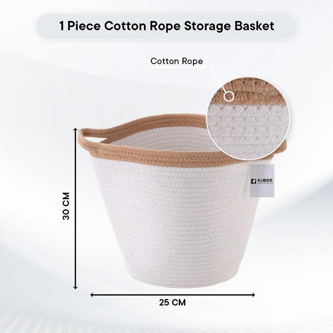 Kuber Industries Cotton Woven Storage Basket With Handle|Shelf Basket Hamper|Organizer for Toys, Socks, Cosmetic|Capacity 21 L|Pack Of 3|White|