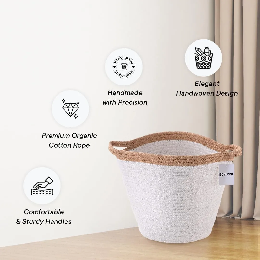 Kuber Industries Cotton Woven Storage Basket With Handle|Shelf Basket Hamper|Organizer for Toys, Socks, Cosmetic|Capacity 21 L|Pack Of 3|White|