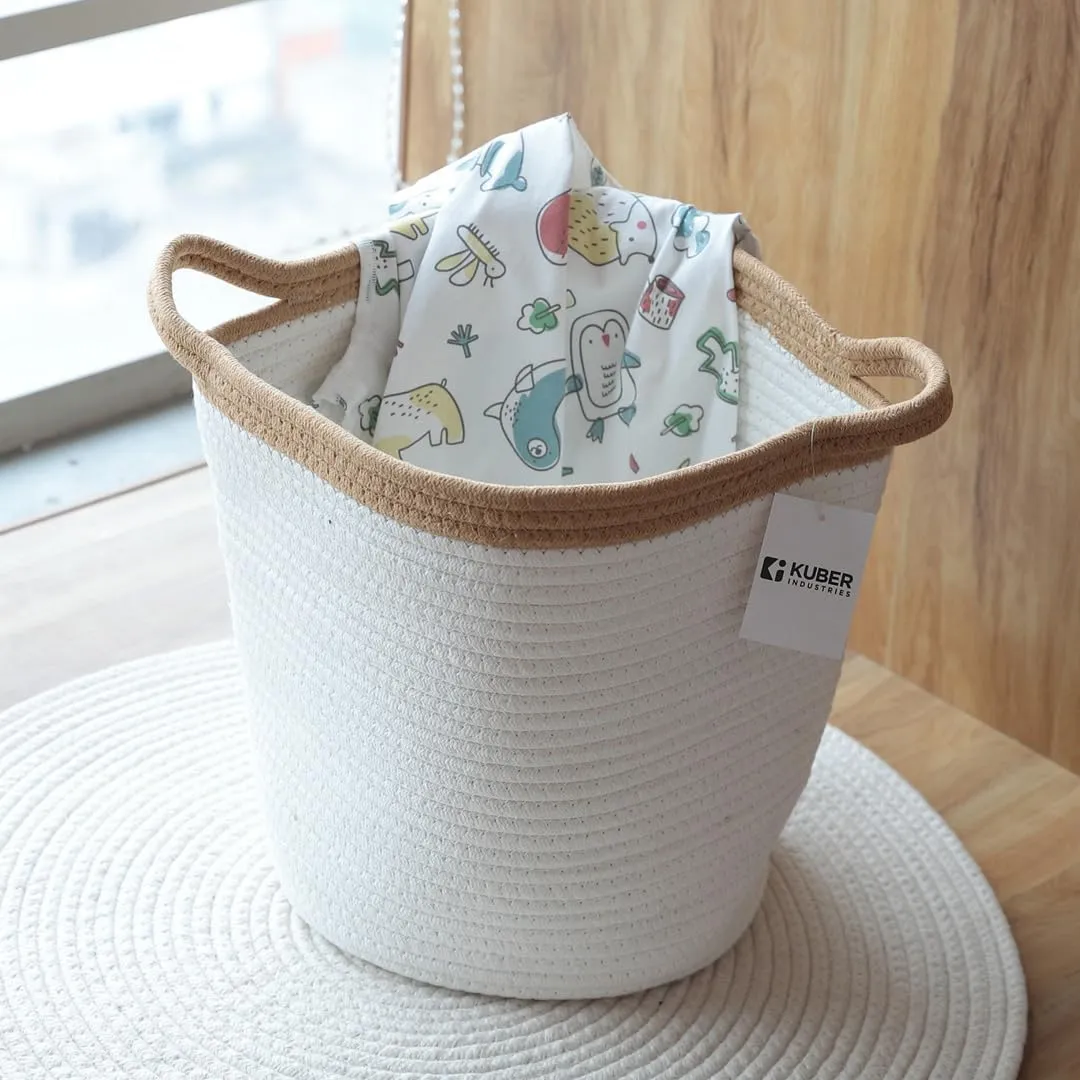 Kuber Industries Cotton Woven Storage Basket With Handle|Shelf Basket Hamper|Organizer for Toys, Socks, Cosmetic|Capacity 21 L|Pack Of 3|White|