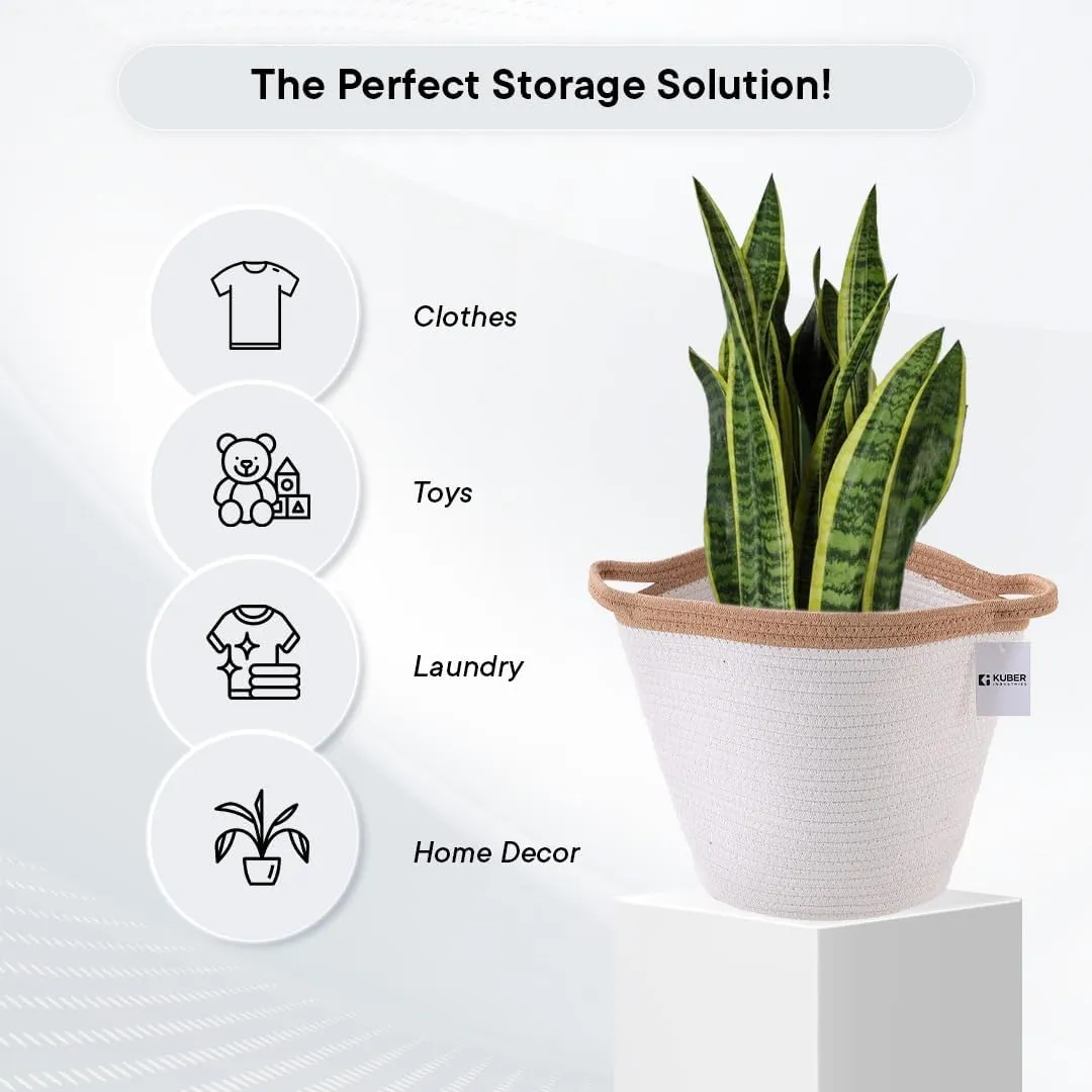 Kuber Industries Cotton Woven Storage Basket With Handle|Shelf Basket Hamper|Organizer for Toys, Socks, Cosmetic|Capacity 21 L|Pack Of 3|White|