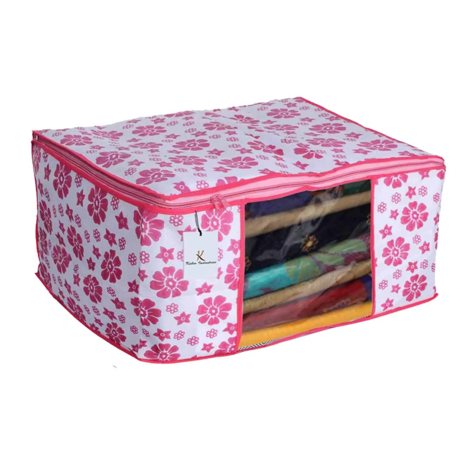 Kuber Industries saree covers with Zip|Clothes Organiser for wardrobe |Floral Print With Transparent Window|Pack Of 3 (Pink, Non-Woven)