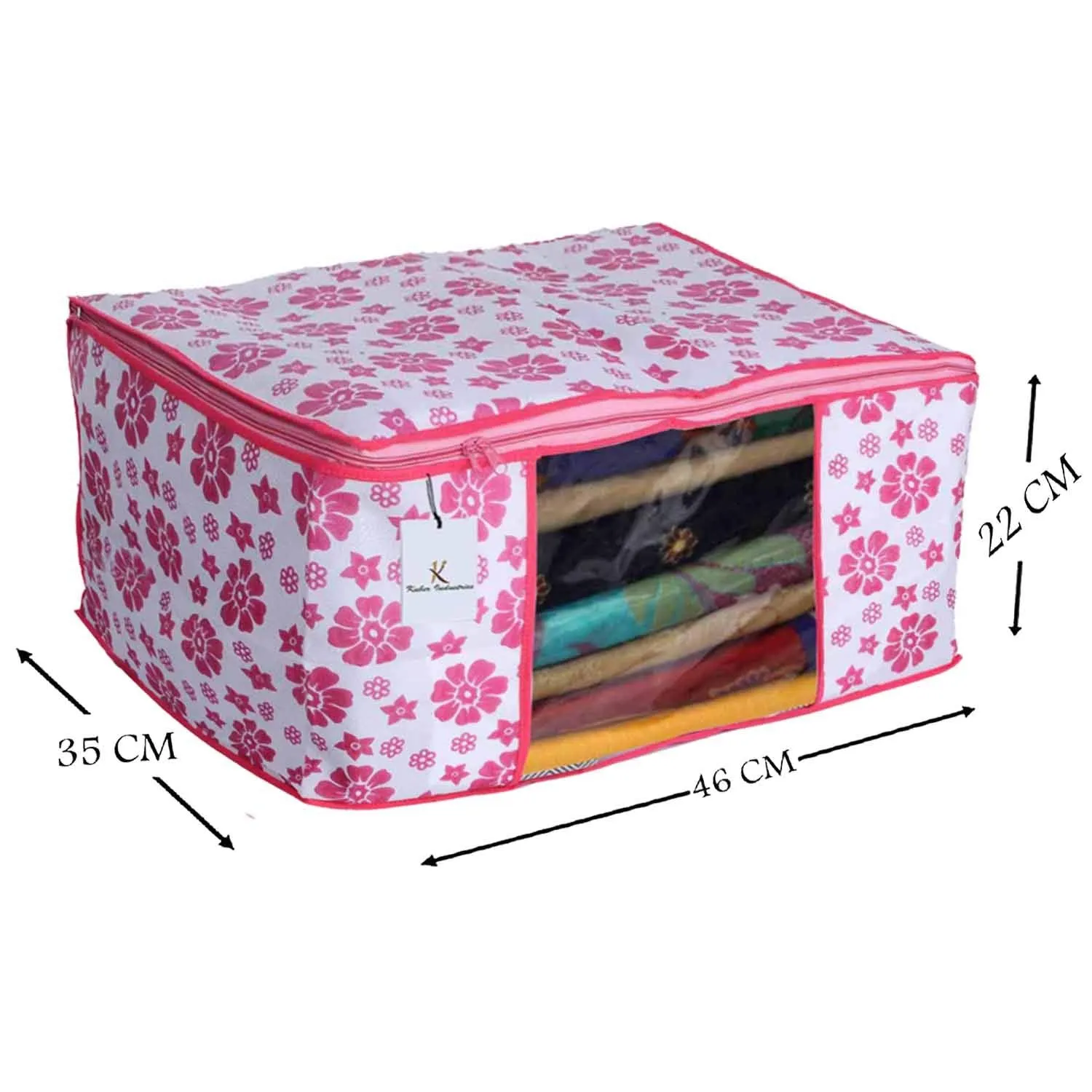 Kuber Industries saree covers with Zip|Clothes Organiser for wardrobe |Floral Print With Transparent Window|Pack Of 3 (Pink, Non-Woven)