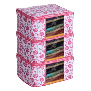 Kuber Industries saree covers with Zip|Clothes Organiser for wardrobe |Floral Print With Transparent Window|Pack Of 3 (Pink, Non-Woven)