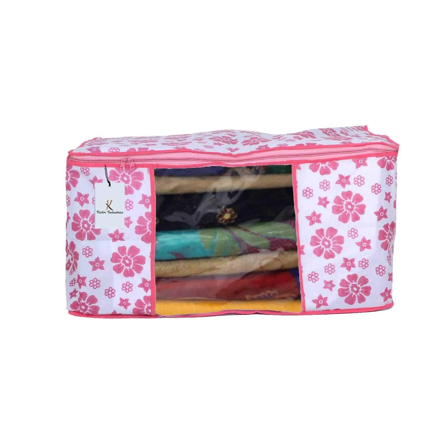 Kuber Industries saree covers with Zip|Clothes Organiser for wardrobe |Floral Print With Transparent Window|Pack Of 3 (Pink, Non-Woven)