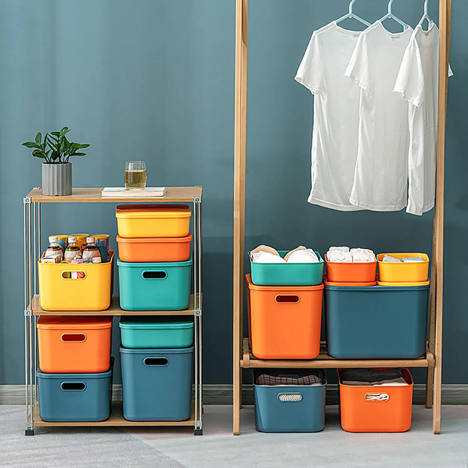Kuber Industries (Set of 12) Plastic Baskets For Organizing (Small) Storage Basket With Handle - For Makeup Items, Toys, Socks - Green, Yellow & Orange