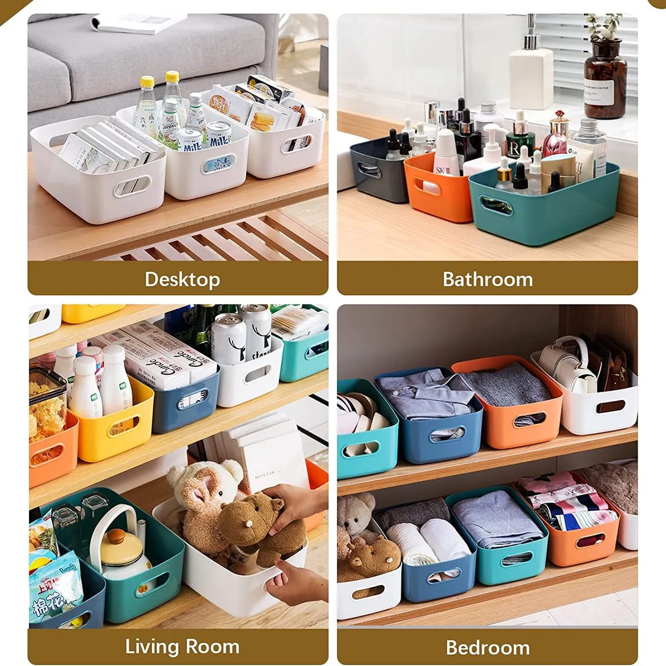 Kuber Industries (Set of 12) Plastic Baskets For Organizing (Small) Storage Basket With Handle - For Makeup Items, Toys, Socks - Green, Yellow & Orange