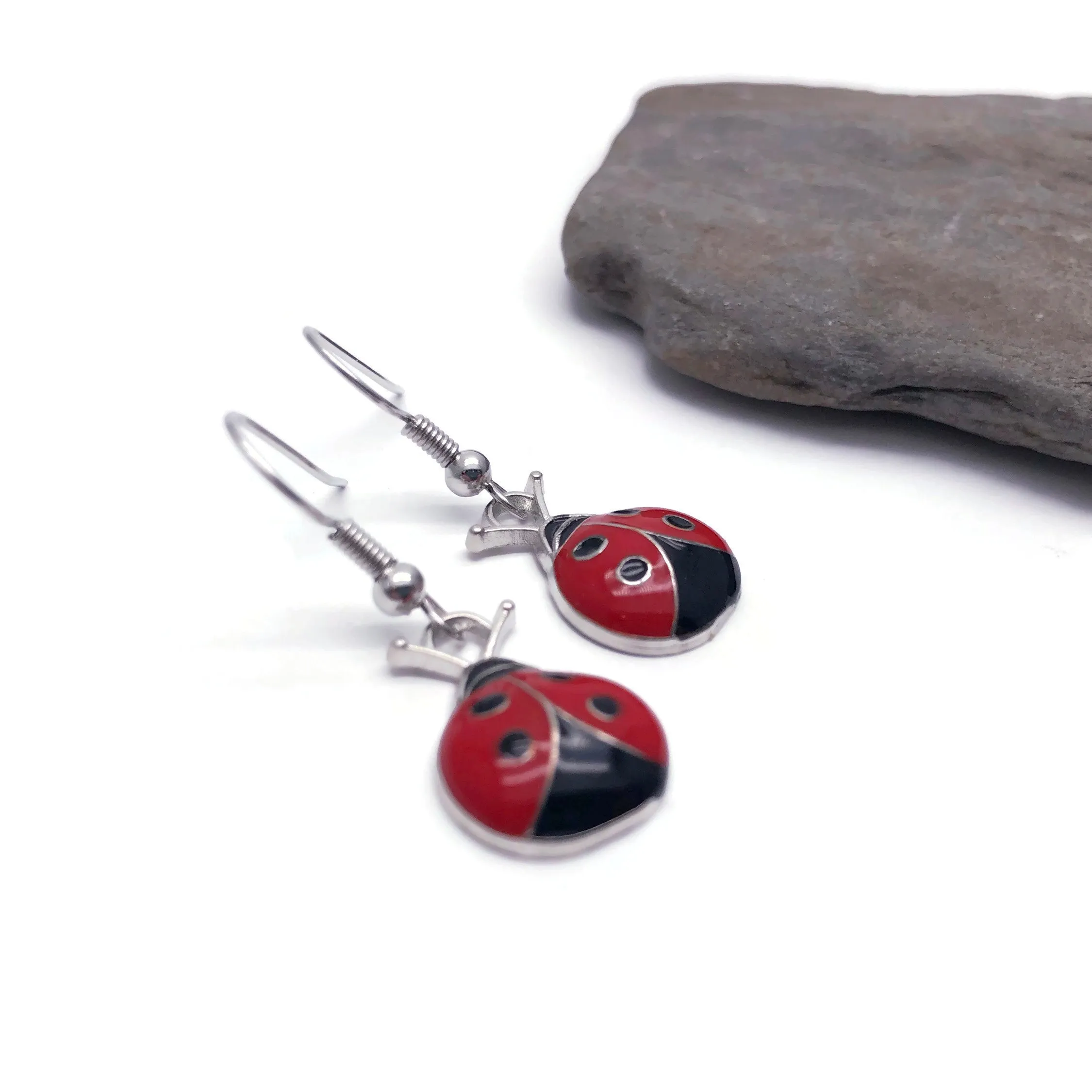 Ladybird Red Enamel Charm Earrings
