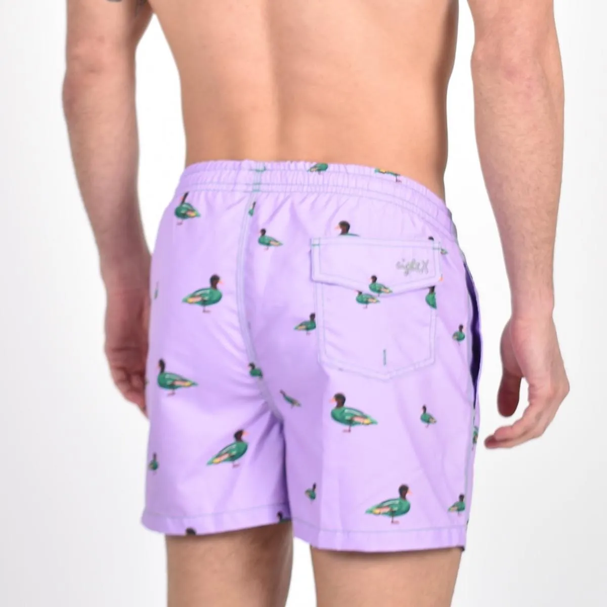 Lilac Duck Print Swim Trunks by EightX