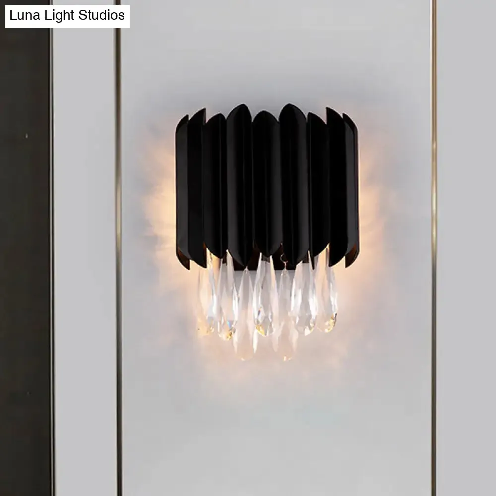 Mid Century Metal Wall Sconce with Crystal Droplets in Black - 2-Light Flush Mount