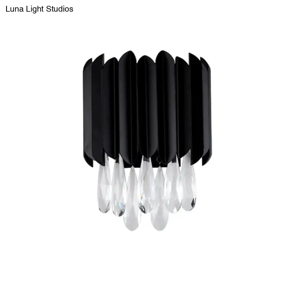 Mid Century Metal Wall Sconce with Crystal Droplets in Black - 2-Light Flush Mount