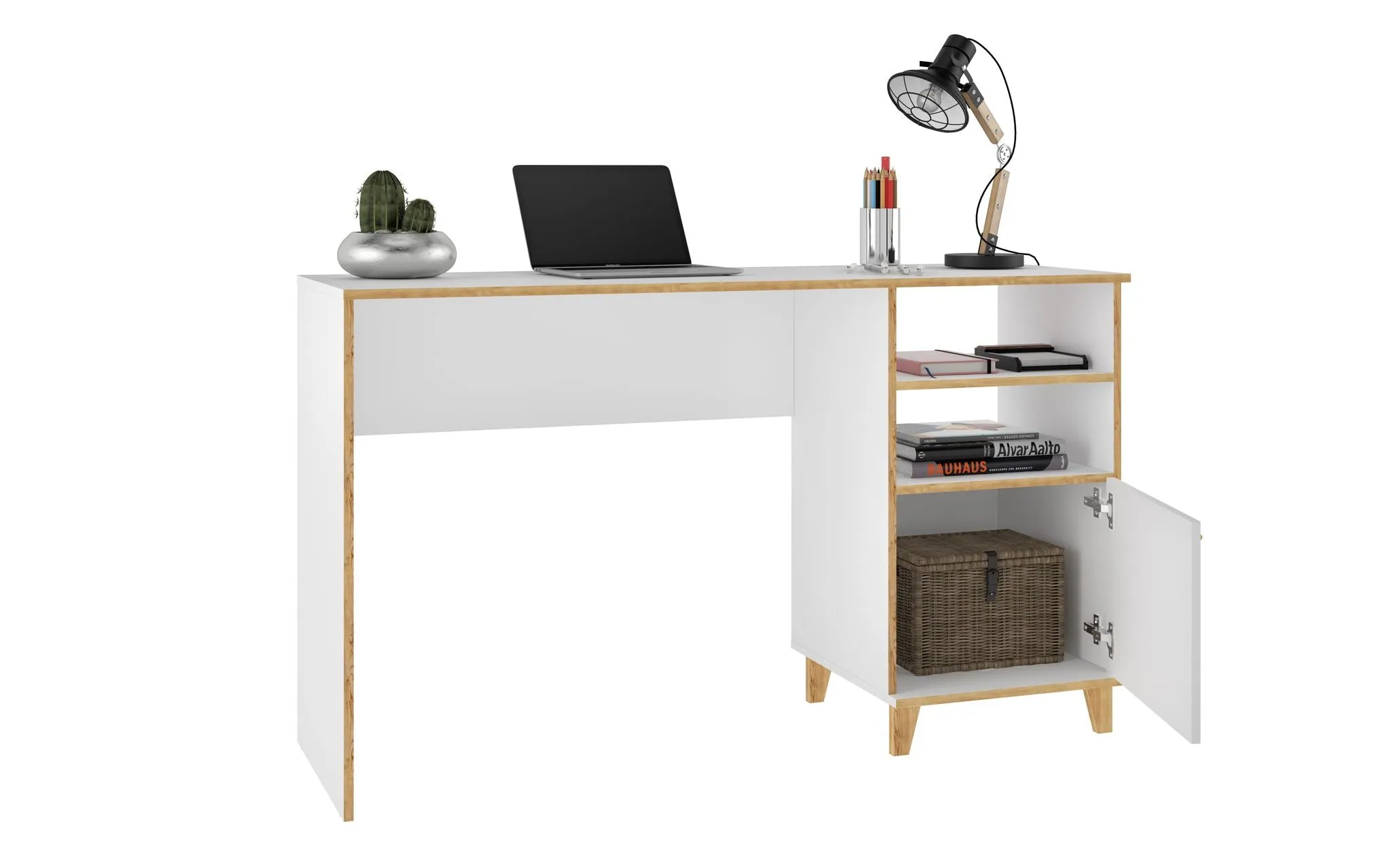Minetta 2-Shelf Mid-Century Office Desk in White