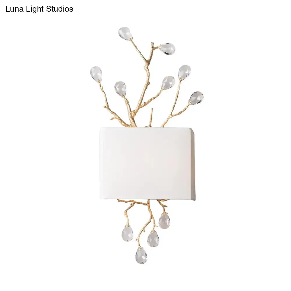 Minimalist Crystal Bead Wall Sconce with 2 Bulbs and Fabric Shade
